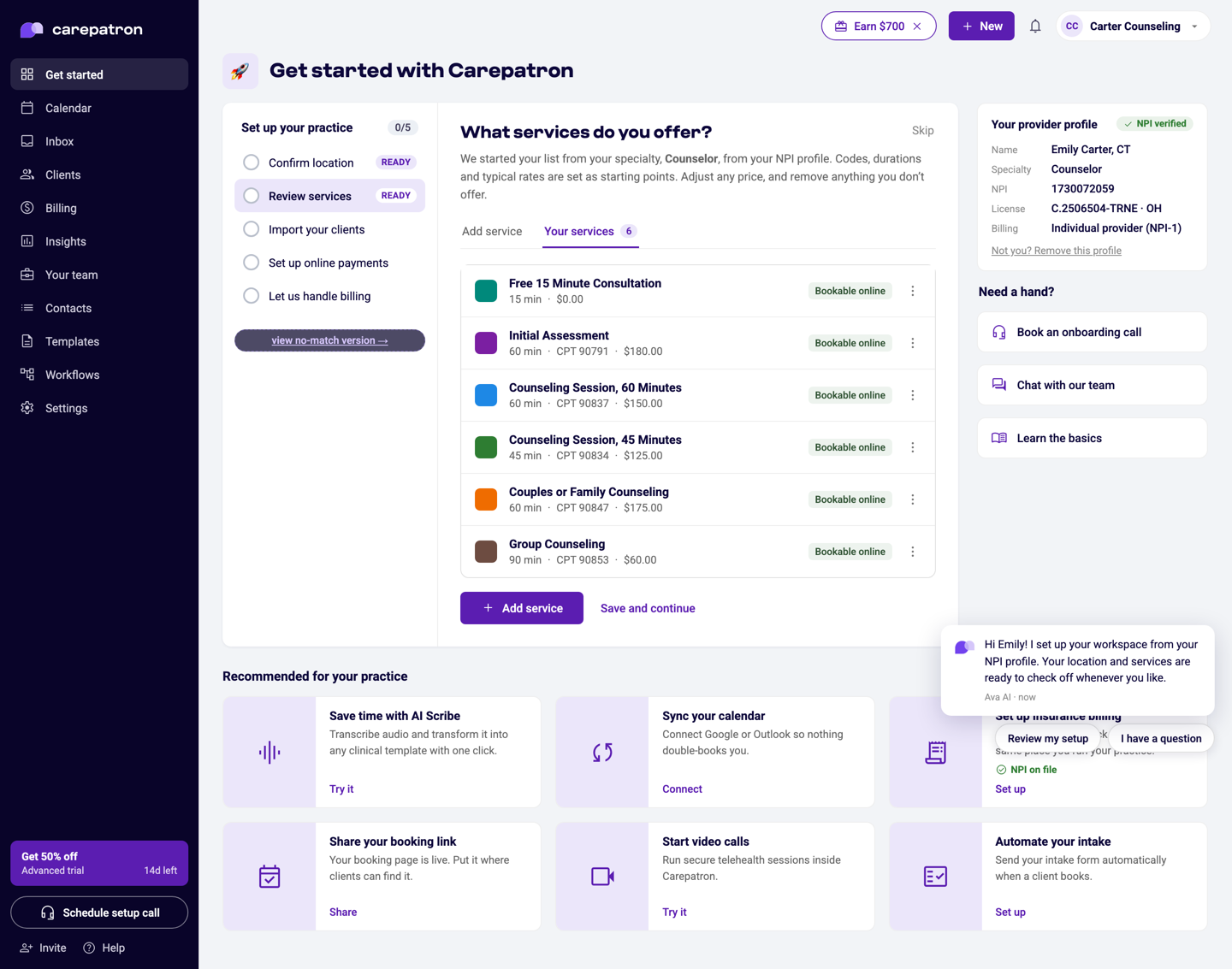 Matched: services seeded with codes and prices